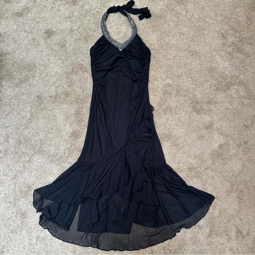 Vintage Y2K City Triangles Black Embellished Halter Midi Dress Hanky Hem Small